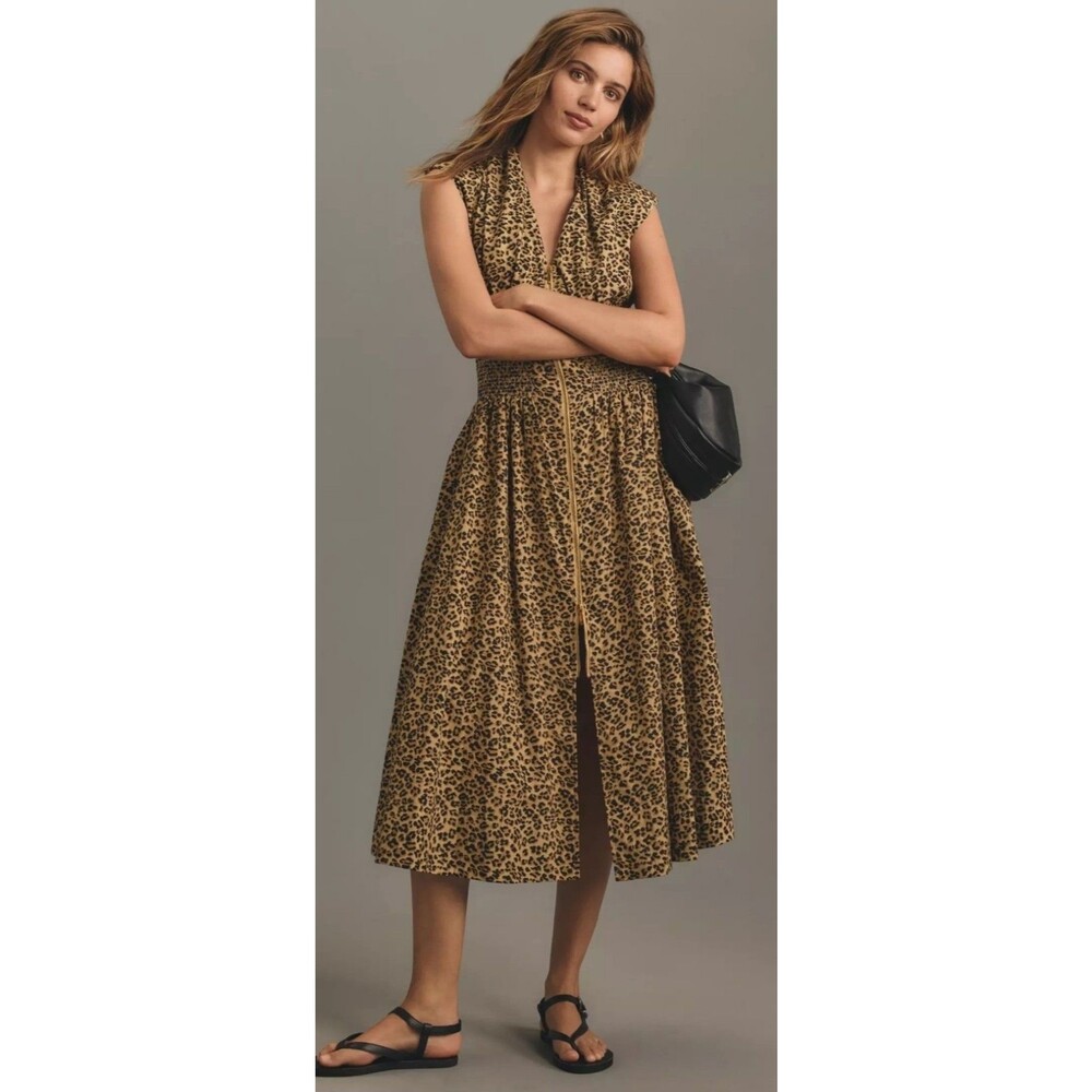 New Anthropologie Size Sp The Tommie cap sleeve smocked zip front shirt dress